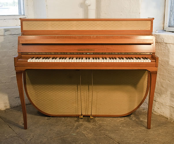 A 1955, Mid Century Modern style, Grotrian Steinweg Model 110 Upright Piano For Sale with a Walnut Case and Fabric Panels