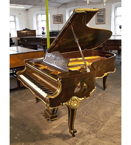 Rococo Style, 1904, Steinway Model B grand piano for sale with an ornately carved, case with gilt accents and scroll foot, cabriole legs. Entire cabinet features exquisite hand-painted scenes in fete galante style.