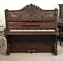 Rococo style, Francke upright piano for sale with an ornately carved, mahogany case and reverse scroll legs