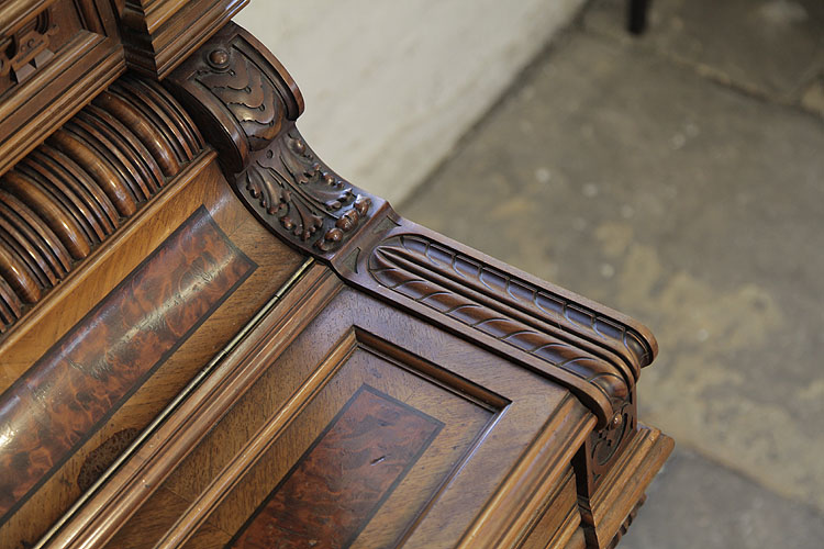 German upright piano fall detail featuring a variety of walnut inlay