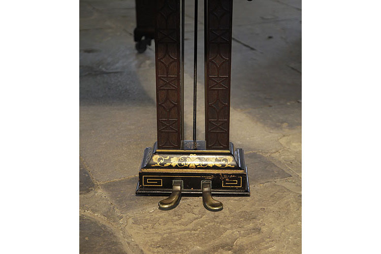 Schiedmayer two-pedal, square lyre design mimics the Malborough piano legs with applied fret carvings and classical meander ornament and rinceaux in gilt detail