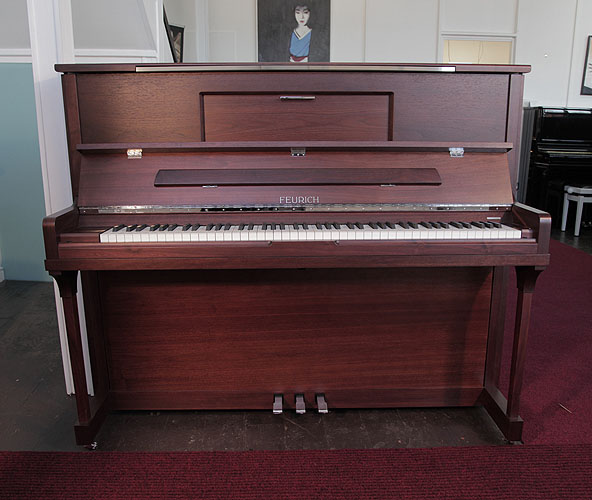 Brand New, Feurich Model 123 Upright Piano For Sale with a Satin, Walnut Case, LED Lighting and Chrome Fittings