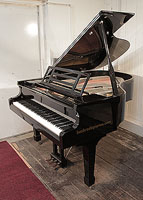 Feurich Model 178 Professional grand piano with a black case, openwork music desk and gun metal frame