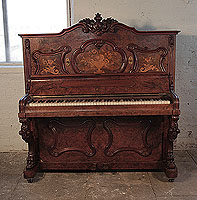 Neoclassical, Roloff upright piano for sale with an ornately carved, burr walnut case and reverse scroll legs