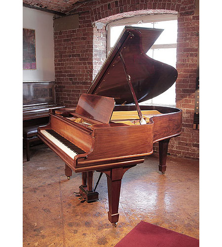 Restored, 1906, Steinway Model O grand piano for sale with a polished, mahogany case and spade legs. Piano has an eighty-eight note keyboard and a two-pedal lyre.  