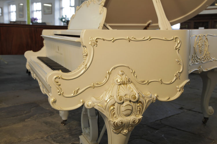 Steinway  Model O  piano cheek detail with Rococo styling and gilt accents. We are looking for Steinway pianos any age or condition.