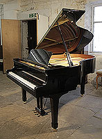 A 1993, Yamaha G3 grand piano for sale with a black case and spade legs. Piano has an eighty-eight note keyboard and a three-pedal lyre.