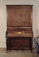 Antique, 1820, Clementi pianoforte for sale with a mahogany case and fluted, baluster legs. Cabinet features a central stylised design of flowers and whiplash lines 