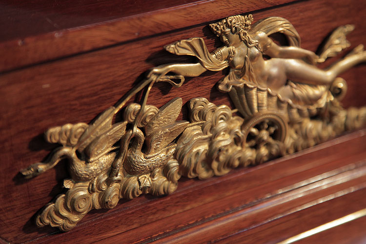 Ibach front panel ormolu mount featuring Aphrodite in a chariot pulled by a pair of swans.
