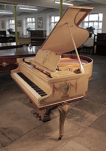 Piano for sale. Romanesque style,  Beuloff grand piano for sale with a cream case with cabriole legs. Entire cabinet hand-painted in Romanesque motifs, swags and flowers.