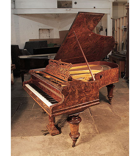 An 1898, Bechstein model V grand piano for sale with a burr walnut case and turned, faceted legs