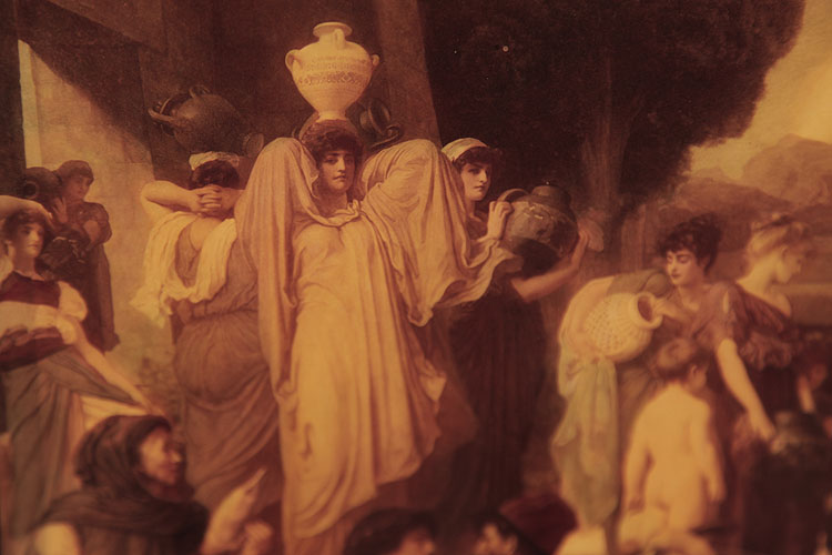 Brinsmead Crystoleum detail: A woman carries an urn on her head on route to a well