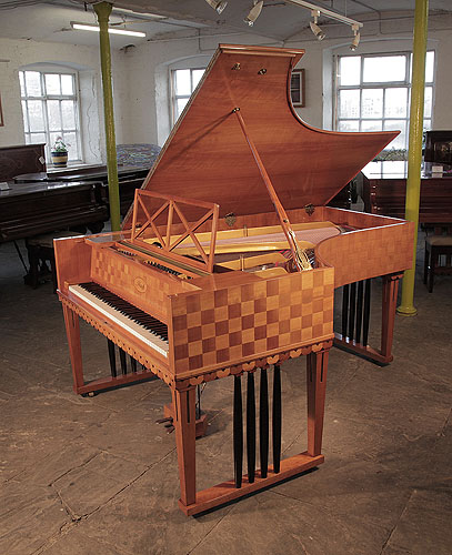 Restored, 1907, Ibach  model 2 grand piano for sale with a chequered, cherry case, openwork music desk  and gate legs with black spindles. Piano one of two designed for Richard Strauss