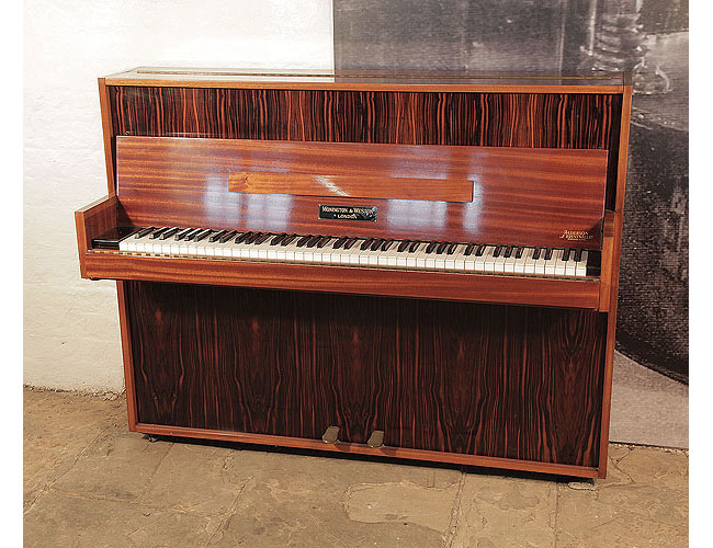Mid Century Modern style, 1956, Monington and Weston upright piano for sale with a mahogany and macassar ebony case.