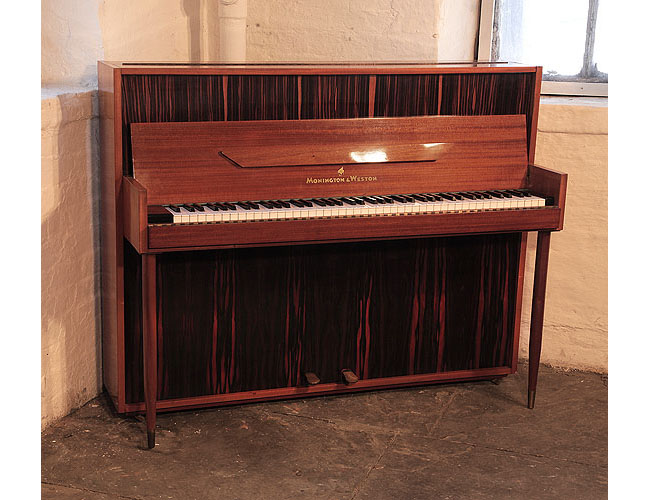 Mid Century Modern style, 1956, Monington and Weston upright piano for sale with a contrasting mahogany and macassar ebony case and tapered legs.