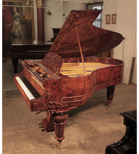 Restored, Schiedmayer grand piano for sale with a french polished, burr walnut cabinet and  faceted legs. Piano has an eighty-five note keyboard and a two-pedal lyre