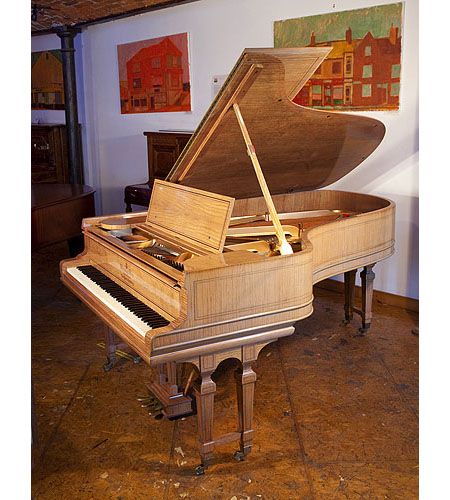 Restored, 1906, Steinway Model B grand piano for sale with a satinwood case and gate legs. Entire cabinet inlaid with boxwood stringing accents. Piano has an eighty-eight note keyboard and a three-pedal lyre