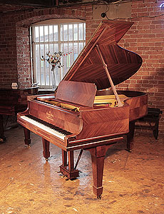 A 1905, Steinway Model O grand piano for sale with a quartered, kingswood case and spade legs. Piano has an eighty-eight note keyboard and a two-pedal lyre.
