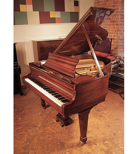 Reconditioned, 1966, Steinway Model S baby grand piano with a mahogany case and spade legs.  Piano has an eighty-eight note keyboard and a two-pedal lyre. 