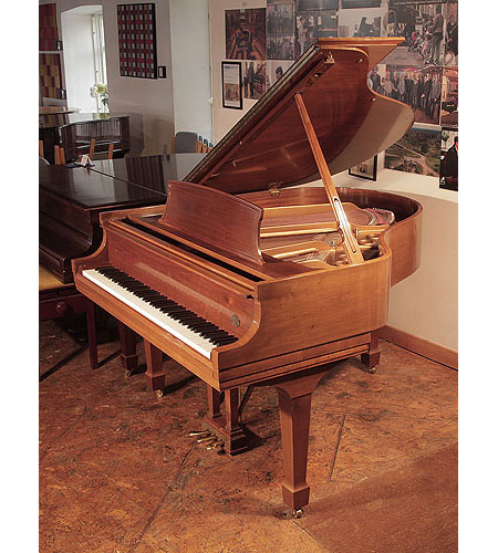 Crown Jewel Collection, 1997, Steinway Model S baby grand piano for sale with a polished, walnut case and spade legs.  Piano has an eighty-eight note keyboard nd a three-pedal lyre