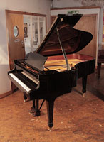 Reconditioned, 1982, Steinway Model A grand piano for sale with a black case and spade legs. Piano has an eighty-eight note keyboard and a three-pedal lyre.