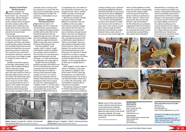 British Titanic Society Atlantic Daily Bulletin Article: Feature on Olympic Pianos Page 2, Winter 2023