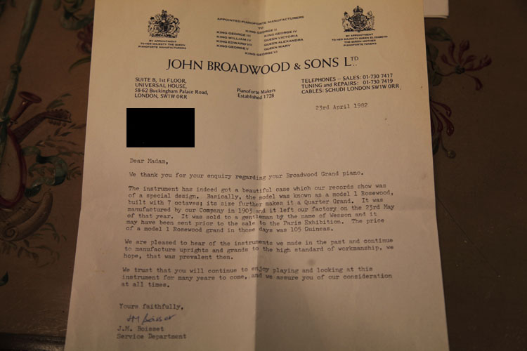 Letter from Broadwood stating piano provenance
