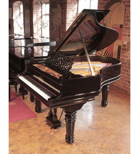 Rebuilt, 1895, Steinway Model A grand piano for sale with a black case and fluted, barrel legs. Piano has an eighty-five note keyboard and a two-pedal lyre. 