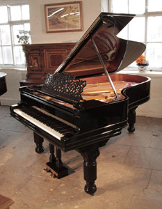 Rebuilt, 1886, Steinway Model B grand piano for sale with a black case, filigree music desk and fluted barrel legs. Piano has a two-pedal lyre and an eighty-five note keyboard.  Price includes:  3 year warranty |   First tuning free | Free  piano stool | Free delivery to a ground floor residence within mainland UK