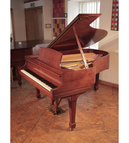 Reconditioned, 1966, Steinway Model L grand piano for sale with a polished, sapele mahogany case and spade legs. Piano has an eighty-eight note keyboard and a three-pedal lyre