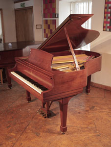 Reconditioned, 1966, Steinway Model L grand piano for sale with a polished, sapele mahogany case and spade legs. Piano has an eighty-eight note keyboard and a three-pedal lyre. 
