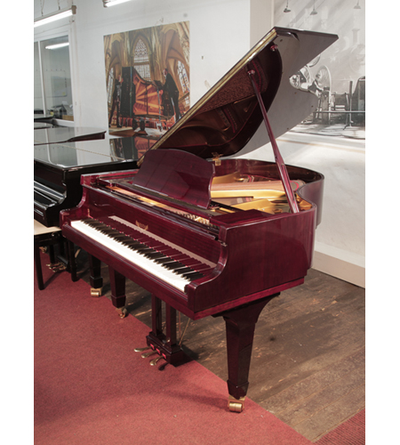Reconditioned, 2000, Eavestaff F158 baby grand piano for sale with a mahogany case and spade legs Piano has an eighty-eight note keyboard and a three-pedal lyre.