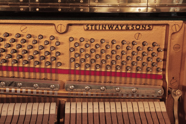 Steinway manufacturer's name on frame and action close up