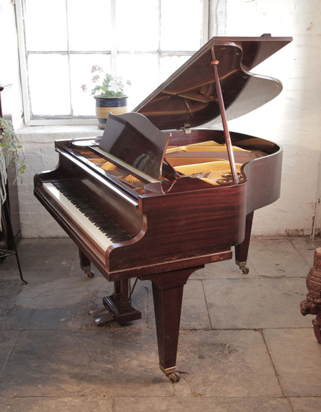 Reconditioned, 1937, Bechstein Model S baby grand piano with a polished, mahogany case and square, tapered legs. Piano has an eighty-eight note keyboard and a two-pedal lyre. 
