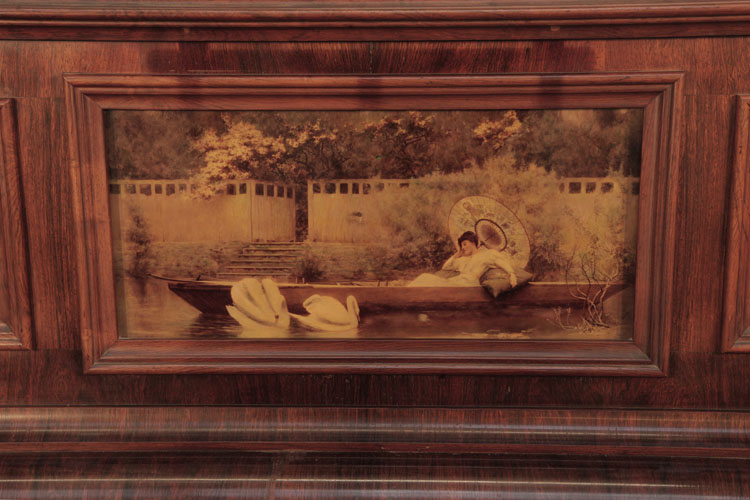 Brinsmead central panel featuring a crytstoleum depitcing a lady reclining in a boat in Pre Raphaelite style