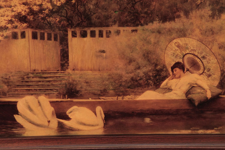 Crystoleum detail: A lady reclines in a boat beneath a parasol as swans pass by