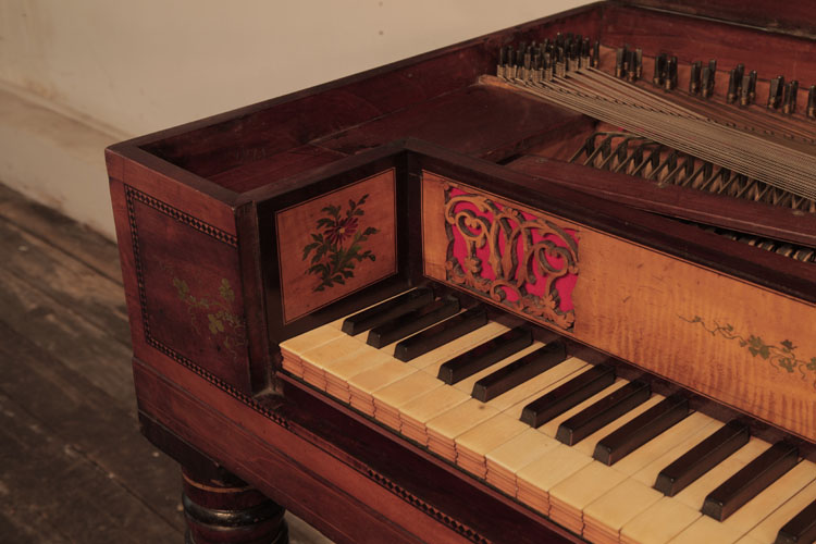 Broadwood piano cheek with satinwood panel hand-painted with flowers. Cabinet features carved, openwork panels and ebony stringing inlay in a harlequin motif