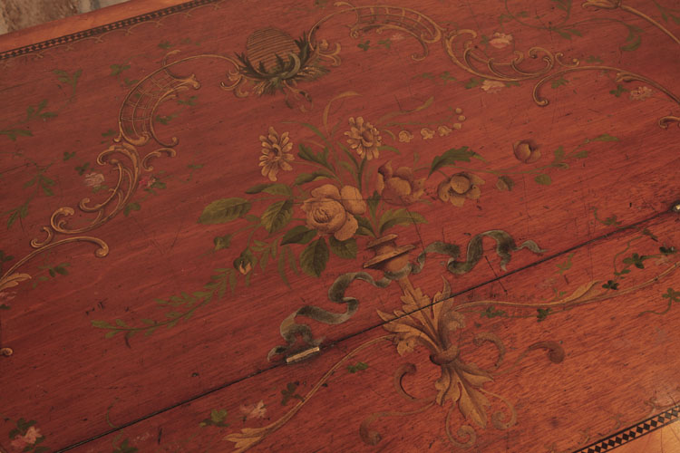 Piano lid featuring hand-painted detail of roses, a beehive, acanthus, interlacing C-scrolls and fluttering ribbons