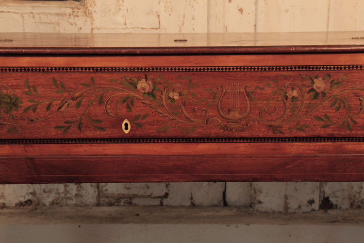 Broadwood key escutcheon. Cabinet inlaid with ebony harlequin stringing and hand-painted lyre with roses, mistletoe and scrolling acanthus