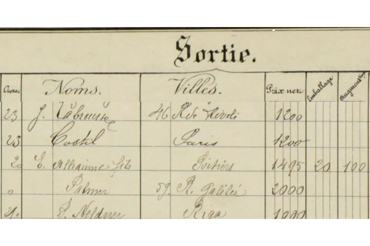 A snapshot from Pleyel company records that states this Pleyel grand piano serial number 100885 was sent to J Labrousse (a piano shop), 46 Rue Rivoli in Paris on 5th August 1893.