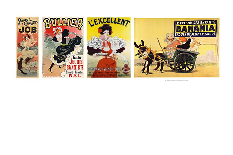 Job Cigarette Papers Meuniers first published poster in 1894. Bullier Saturday, masked ball event 1894. L'Excellent meat soup 1895. Banania advert 1914.