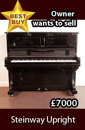 Antique, 1887, Steinway upright piano with a black case and indented front panels. Piano has an eighty-five note keyboard and two pedals. Piano reduced for a quick sale. Owner wants to sell.